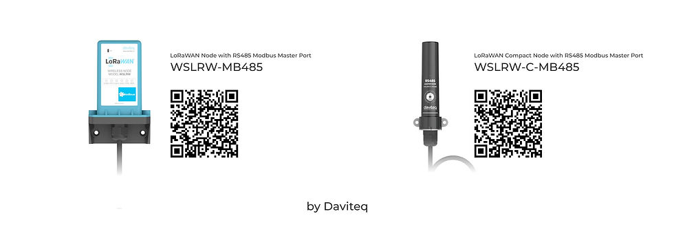 Blue and black devices labeled LoRaWAN on white background with QR codes. Text: WSLRW-MB485, WSLRW-C-MB485, by Daviteq.