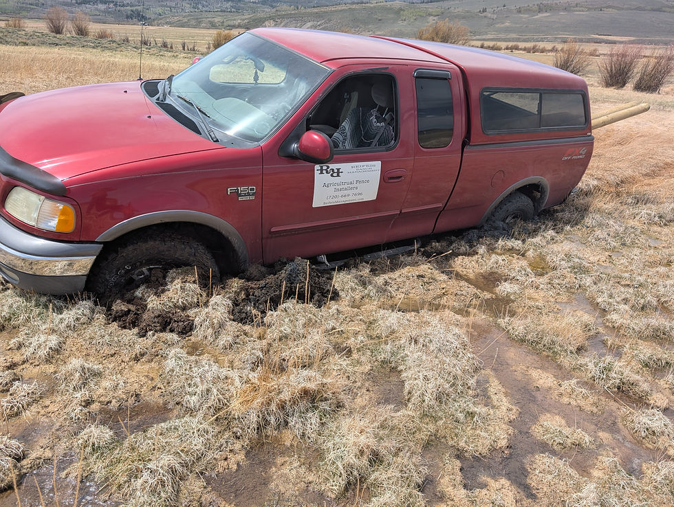 A red truck sits deeply mired in a marshy field, immobilized with mud engulfing its wheels, highlighting the challenge of navigating rough terrain where heavy machinery can't reach for rescue.