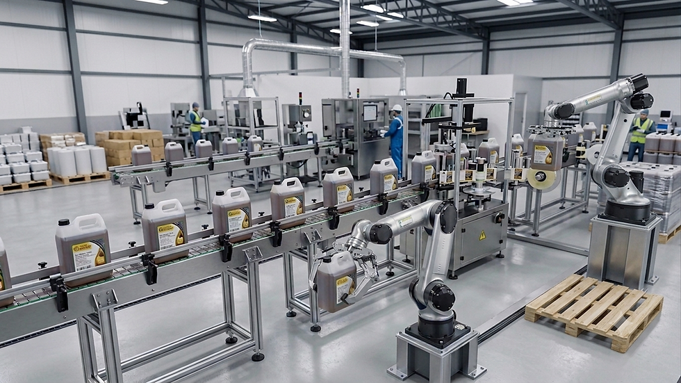 Automated liquid packaging and bottling line with robotic arms