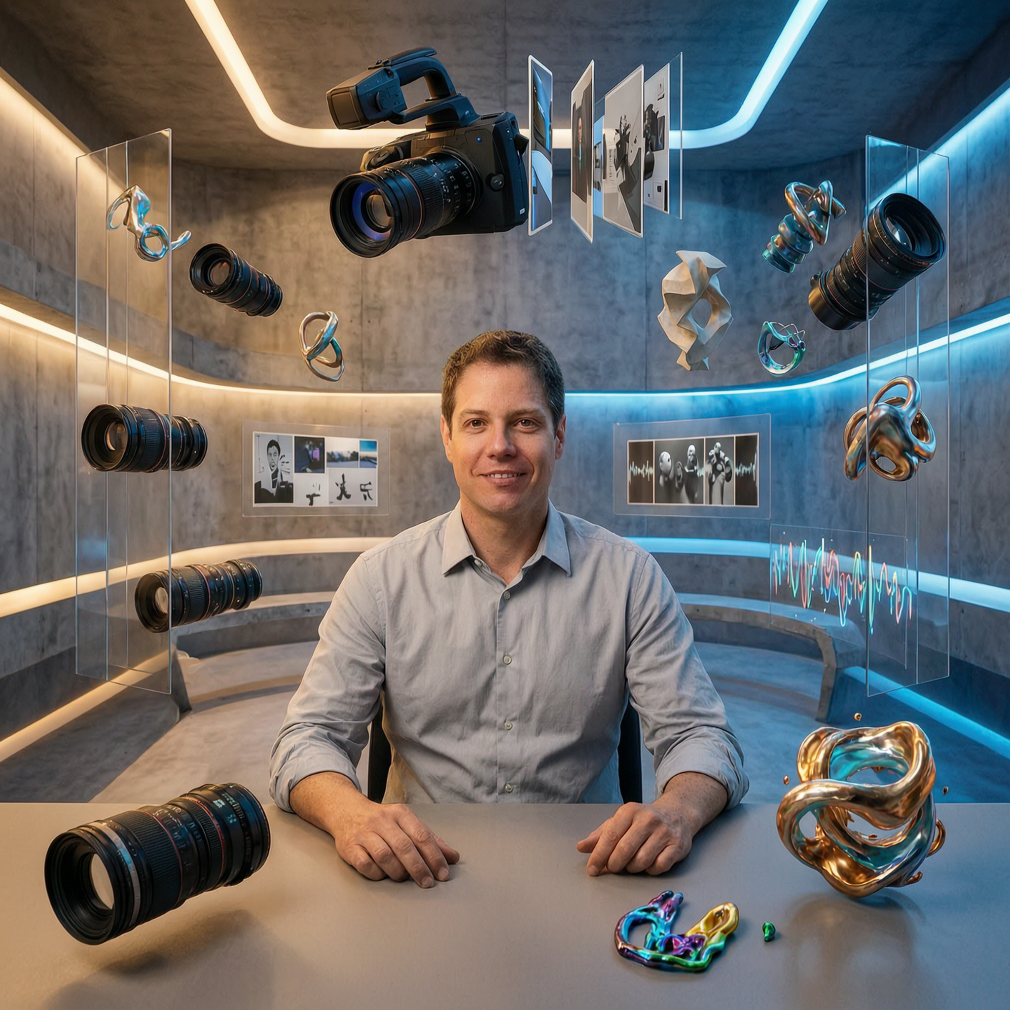 Fotógrafo em estúdio futurista com câmeras e lentes flutuando