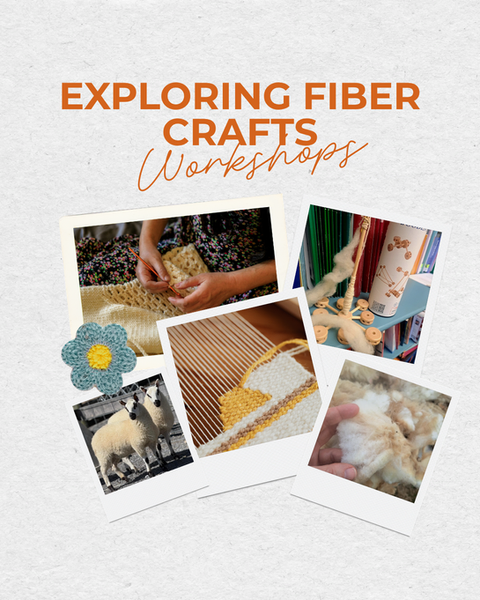 a collection of photos depicting fiber crafts such as knitting, weaving, a part of a wool fleece and 2 sheep.