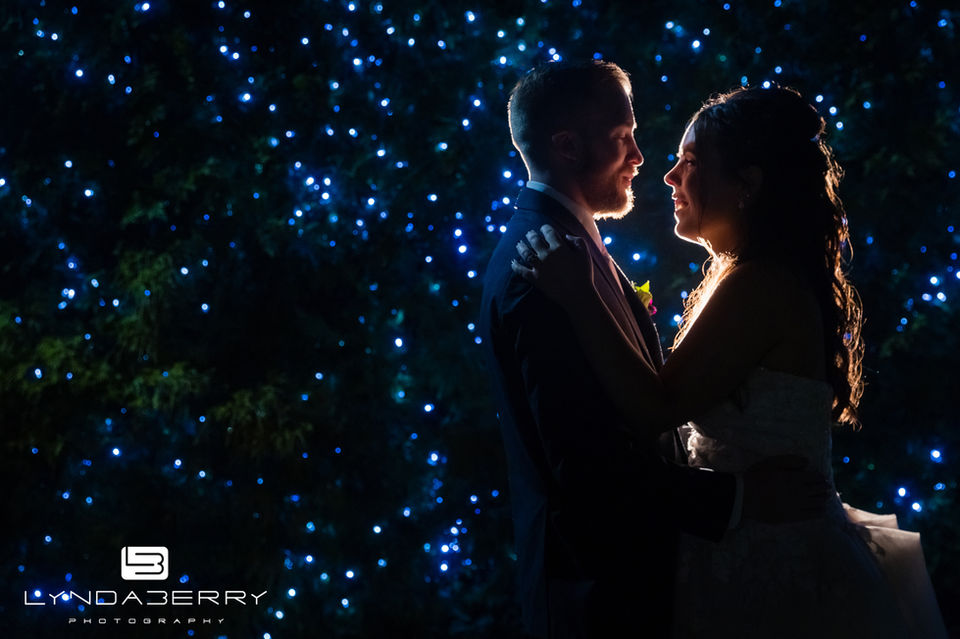 Bride and Groom Take Picture in Front of the Starry Lights in our Crystal Garden