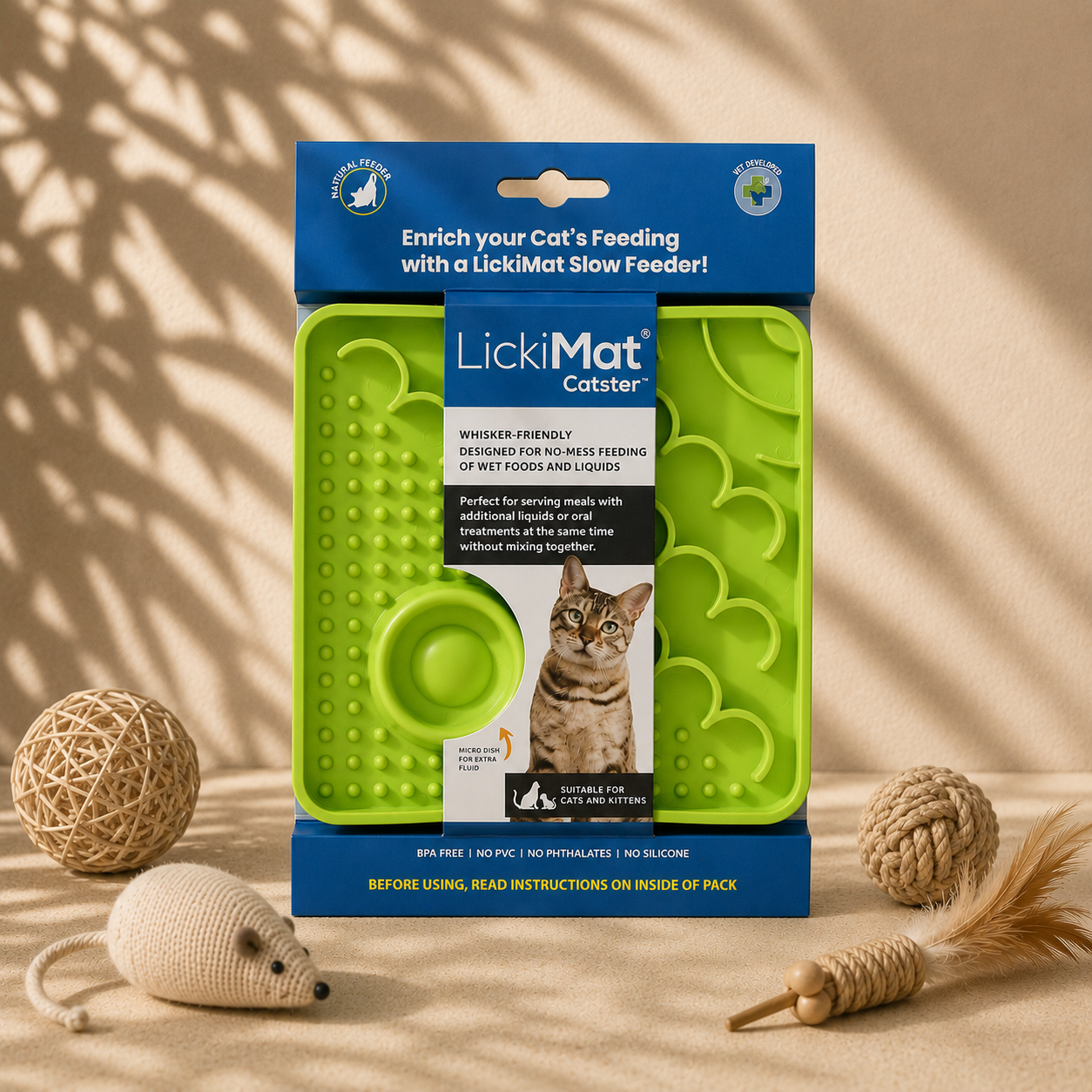 LickiMat Catster green slow feeder with fishscale texture and hydration well