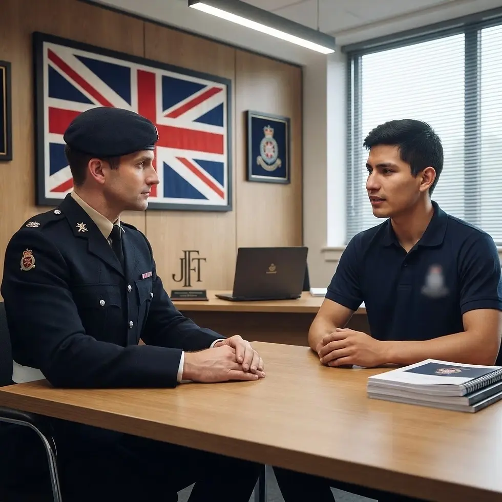 Studio photography of a military officer in uniform speaking with a younger man at an office desk. Focused, professional atmosphere with a British flag displayed on the wall behind them.