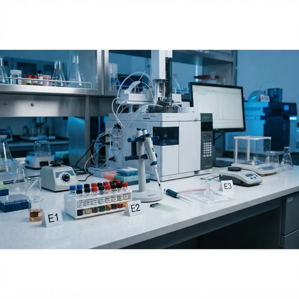 Studio photography of a modern scientific laboratory bench featuring test tubes, analytical equipment, and a computer monitor. The scene is organized and clinical with bright, cool-toned lighting.
