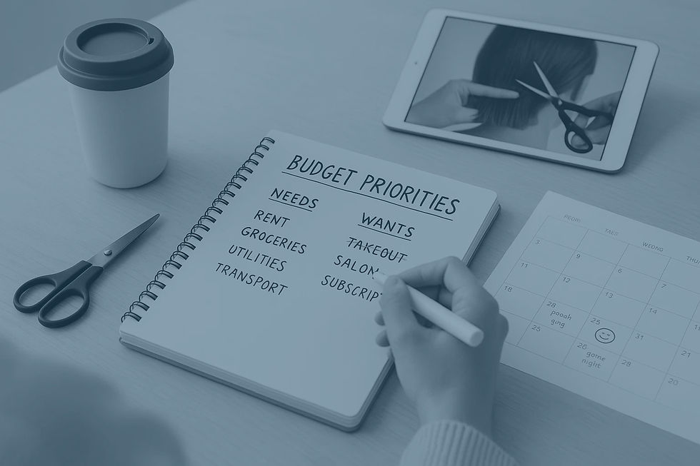 A person writing their budget priorities in their notebook while watching a video about cutting your own hair
