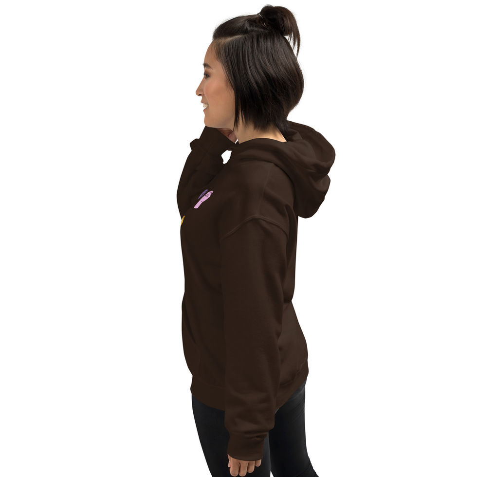 Woman wearing brown Official "STRESS LESS EQUATION CAMPAIGN" Brand Hoodie, side profile, isolated