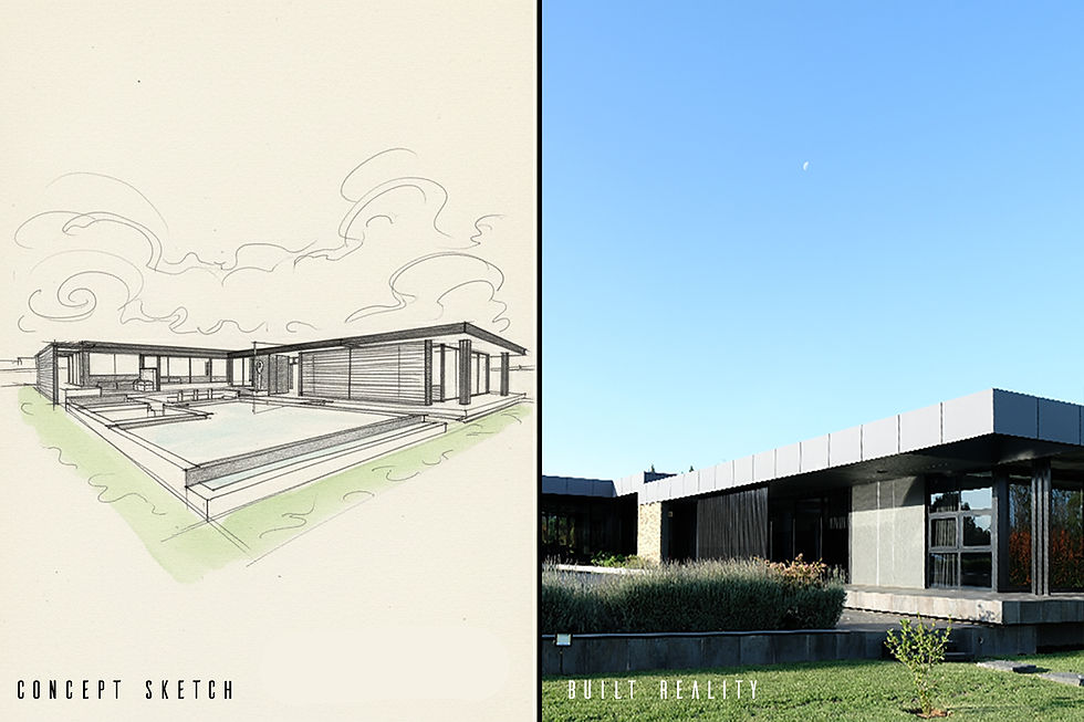 Split image: left shows a concept sketch of a modern house with clouds; right displays the built house under a clear blue sky. Text: Concept Sketch, Built Reality.