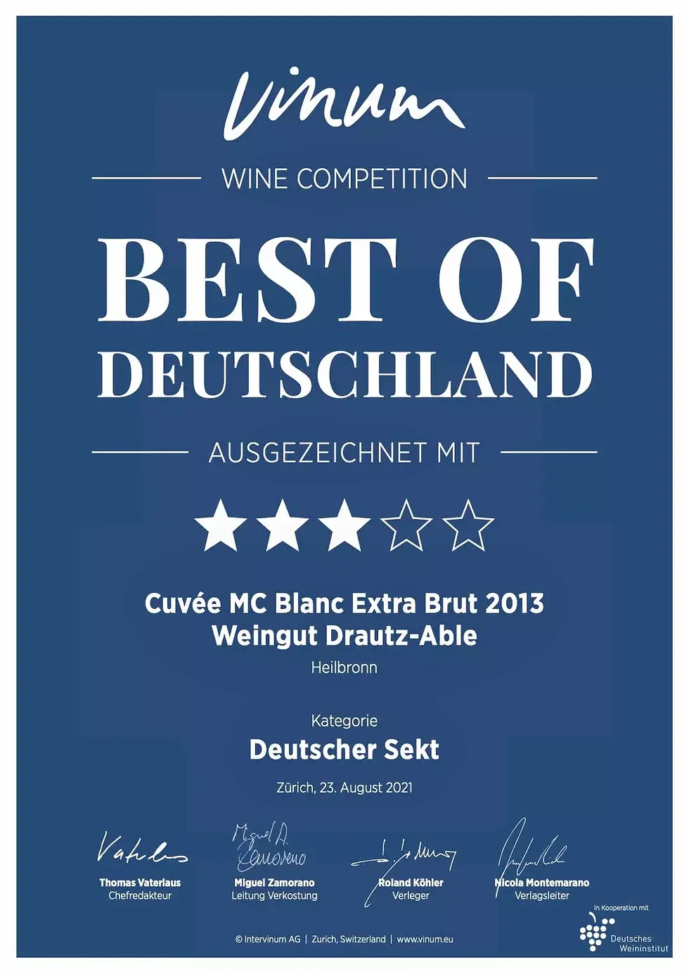 Urkunde für Cuvée MC Blanc Extra Brut vom Weingut Drautz-Able