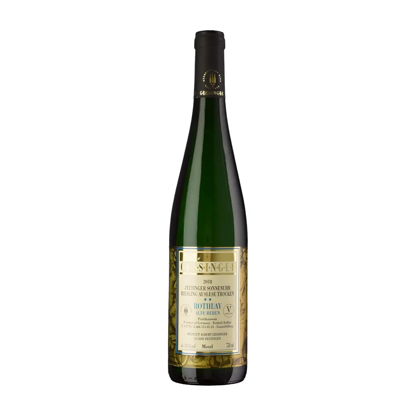 Flaschenbild Zeltinger Sonnenuhr Riesling Auslese trocken vom Weingut A. Gessinger.