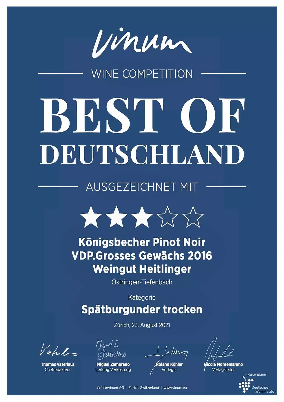 Urkunde für Königsbecher Pinot Noir VDP. GG vom Weingut Heitlinger