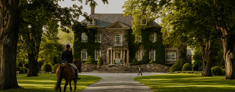 Historic old-money American estate with a horseback rider, inspired by timeless luxury wedding concepts.