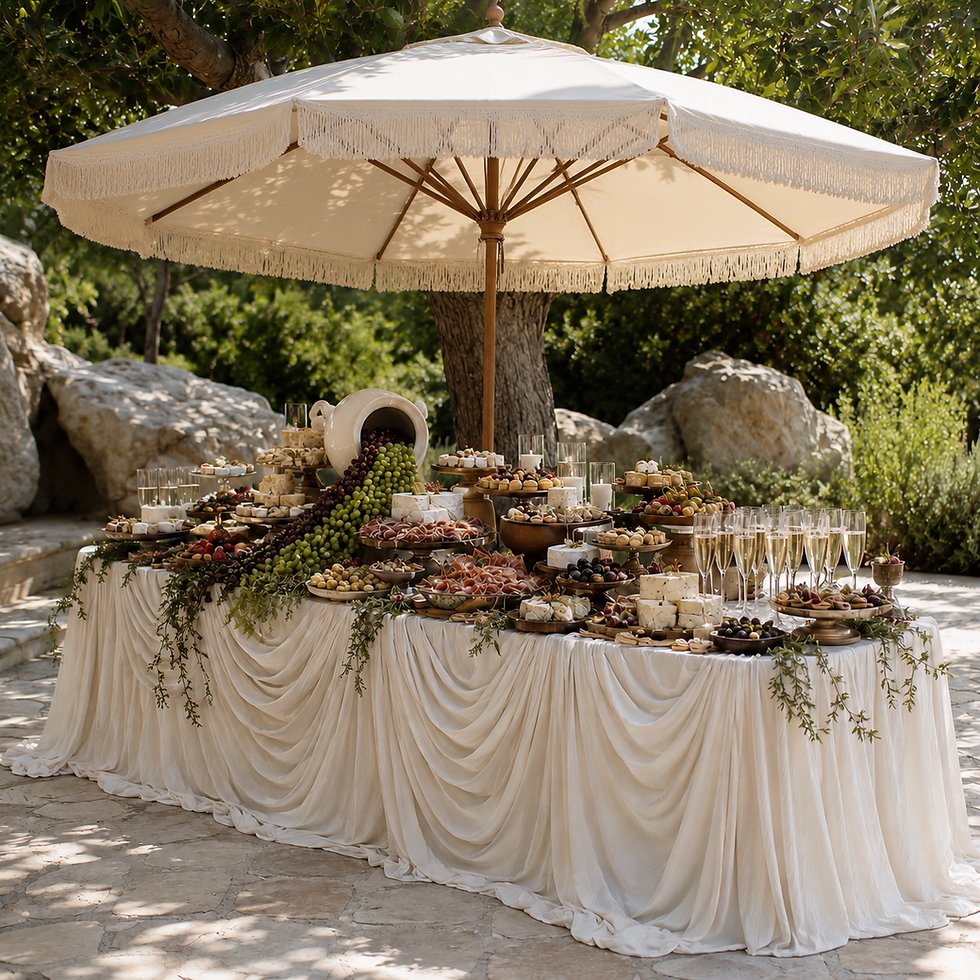 Luxury outdoor wedding buffet beneath a parasol at an elegant European estate.