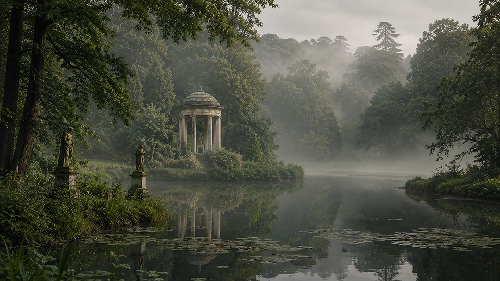 Classical stone garden folly beside a lake at a historic English country estate for an elegant English garden wedding.