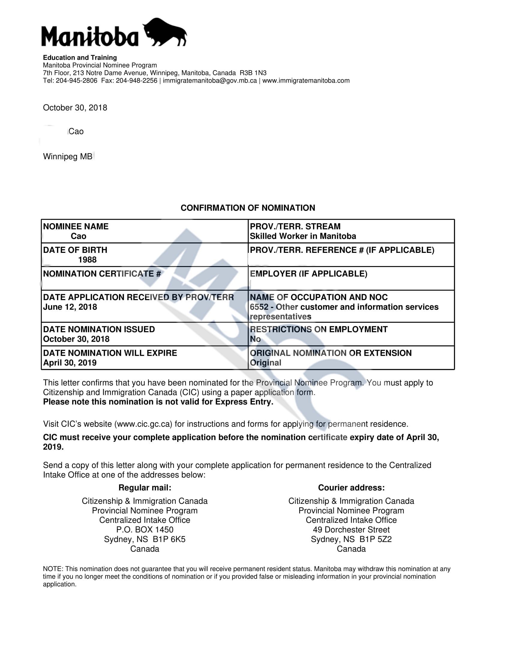 Confirmation of Nomination (Cao)