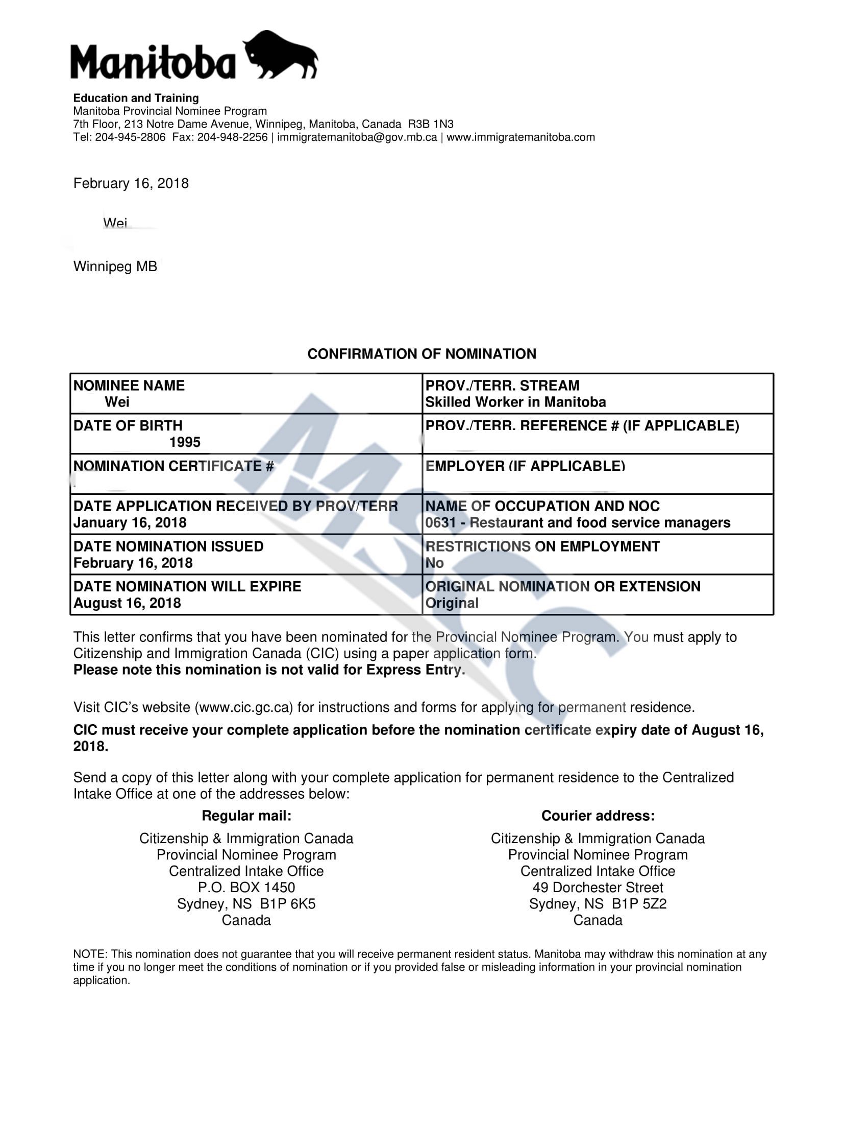Confirmation of Nomination