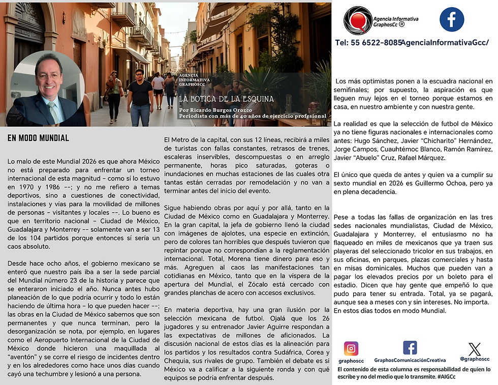 #GraphosCc #Noticias #BarradeOpinión #Columna #LaBoticadelaEsquina | EN MODO MUNDIAL Por Ricardo Burgos Orozco by #AIGCc