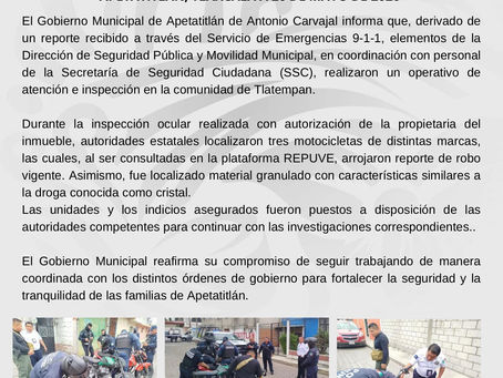 #GraphosCc #Tlx #Noticias #Municipios #Apetatitlán | En operativo conjunto, autoridades de Apetatitlán aseguran motocicletas con reporte de robo.