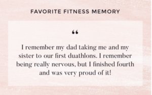 text on image - Fav fitness memory - dad taking her and her sis to their first duathlons where she finished fourth