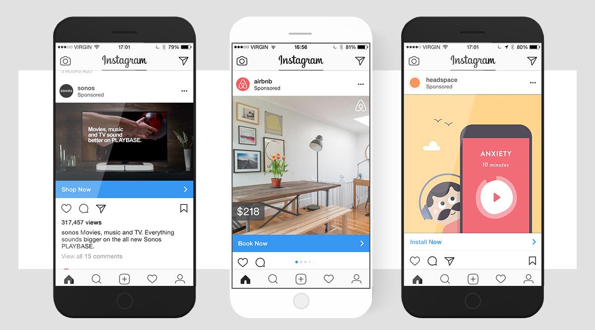 Three Instagram ad examples: video, photo, and animated ad