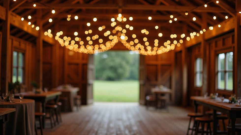 Close-up view of a charming rustic barn venue with string lights