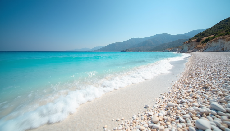 Eye-level view of Myrtos Beach with turquoise waters and white pebbles