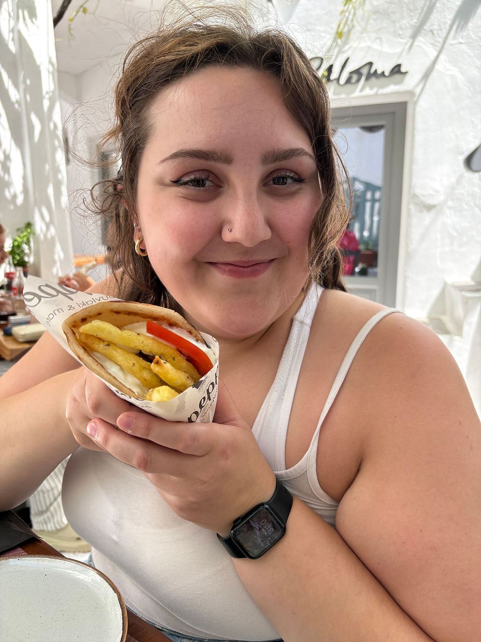 Myself in Mykonos with my GF pita wrap