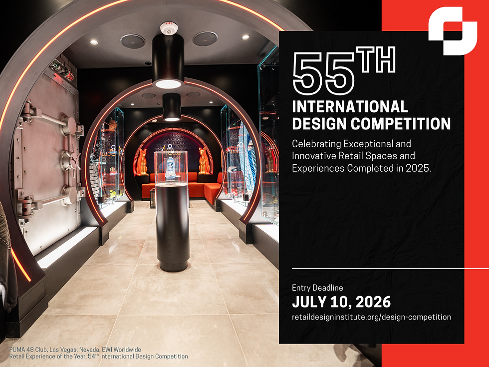 Interior view of the PUMA 48 Club retail space in Las Vegas featuring a circular tunnel design with red lighting accents and product displays, overlaid with text announcing the Retail Design Institute’s 55th International Design Competition and a July 10, 2026 entry deadline.