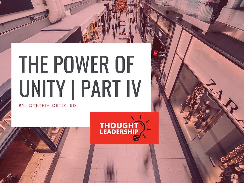 Text overlay on a shopping mall view reads "The Power of Unity | Part IV" by Cynthia Ortiz, with "Thought Leadership" and a lightbulb icon.