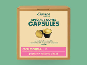 Cascade Coffee specialty decaf coffee pods – Colombia Popayan Reserve, fully recyclable Nespresso®-compatible capsules, 50-pack box.