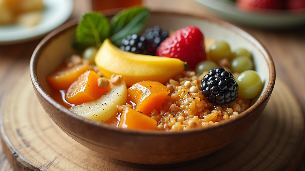High angle view of a bowl filled with nutritious ingredients including fruits and Slim Honey