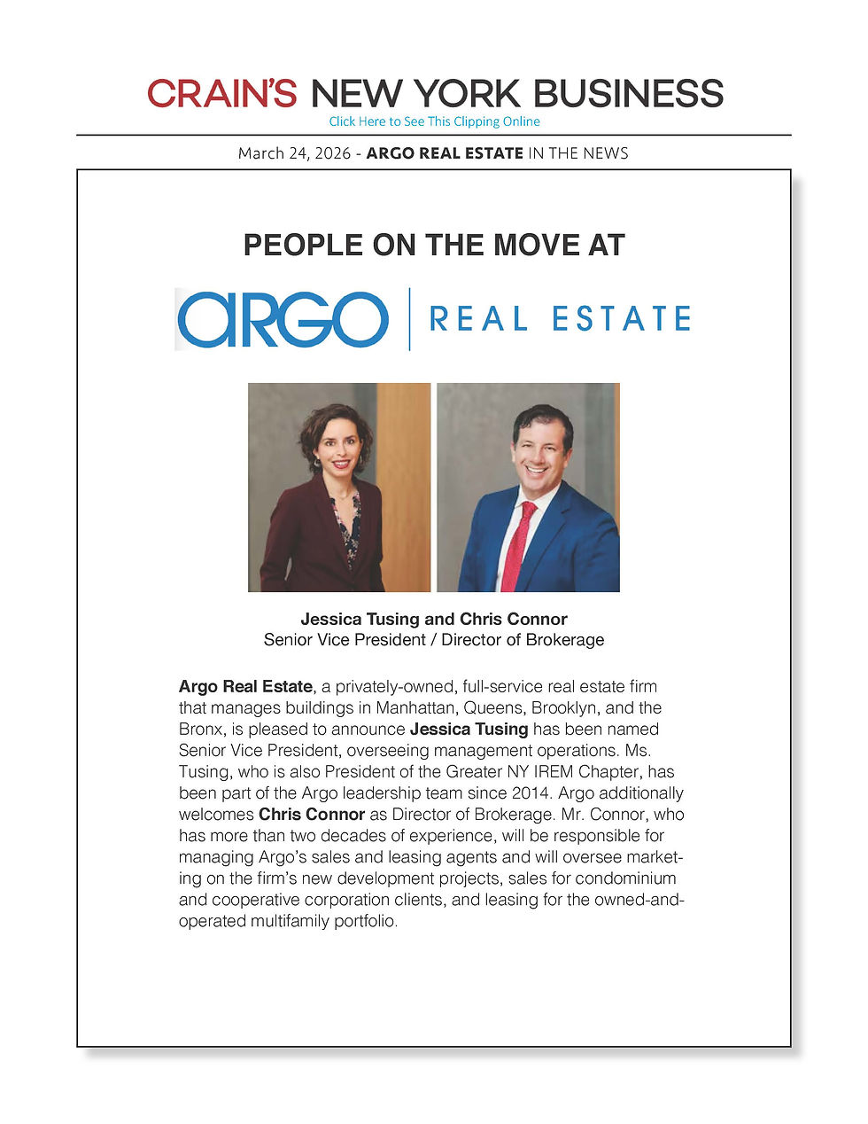 032426-CRAIN'S NY BUSINESS-OL-ARGO RE-PEOPLE ON THE MOVE - Jessica Tusing and Chris Connor