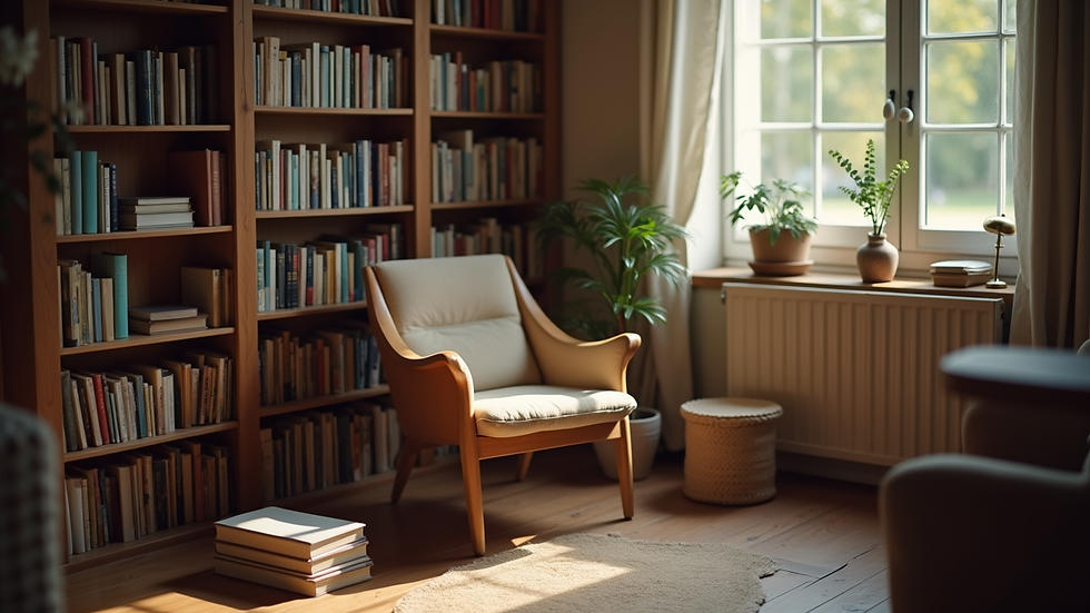Eye-level view of a serene reading nook with books and a cozy chair