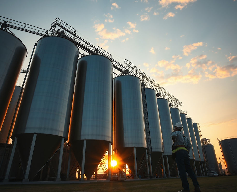 industry that have a lot of stainless silos at sunset looking from the bottom while an eng