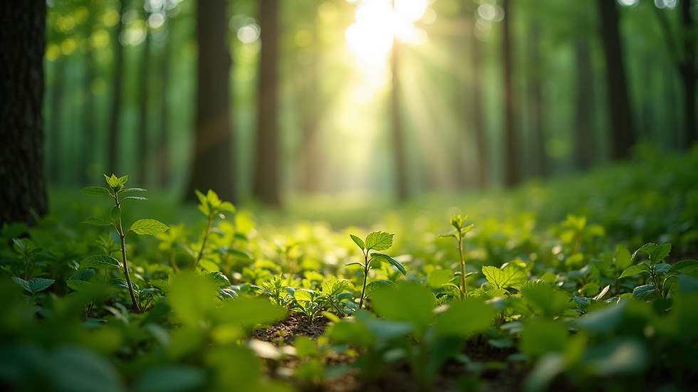 Eye-level view of a lush green forest with sunlight filtering through the leaves