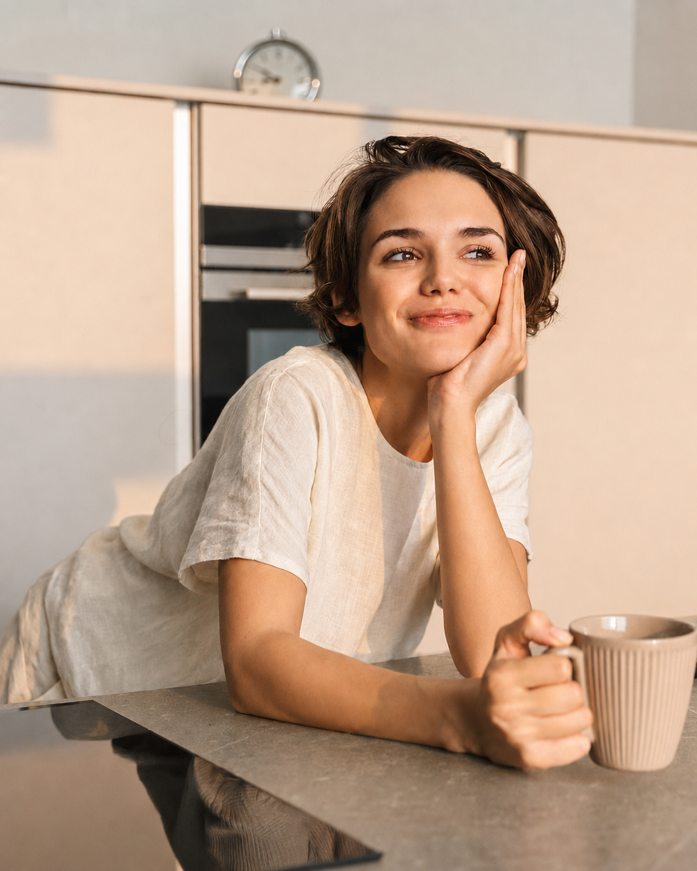 Une femme qui est tranquillement accoudée sur le plateau de sa cuisine et qui est sereine et détendue