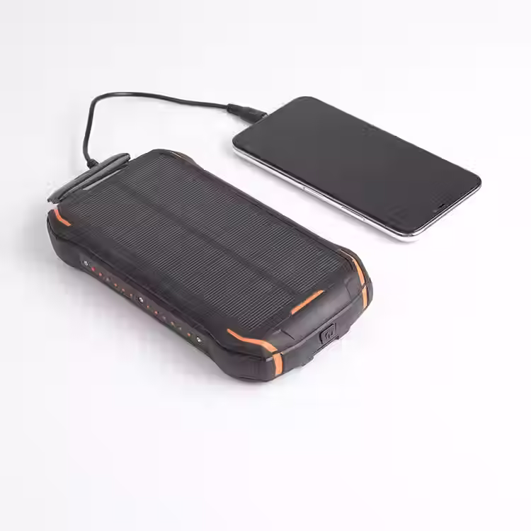Solar Charger showing the ability to charge a phone via USB cable