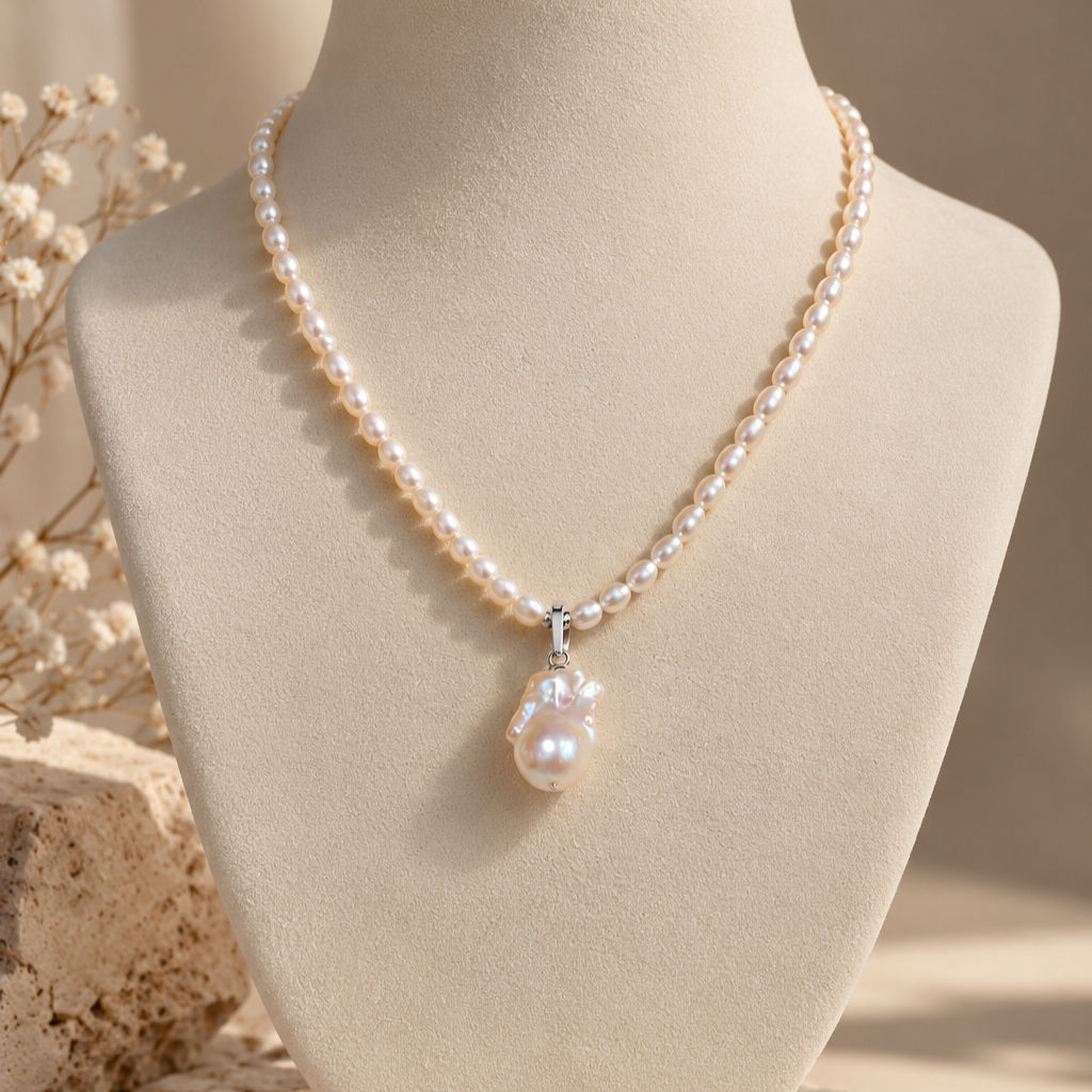 White Oval Pearl Strand with Silver Baroque Pendant