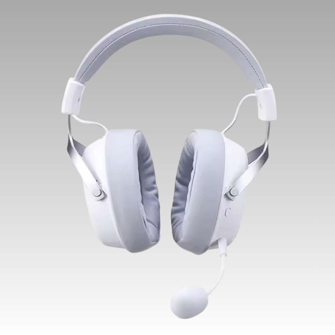 ATK N9 wireless gaming headset in white and light gray with microphone, neutral gray background