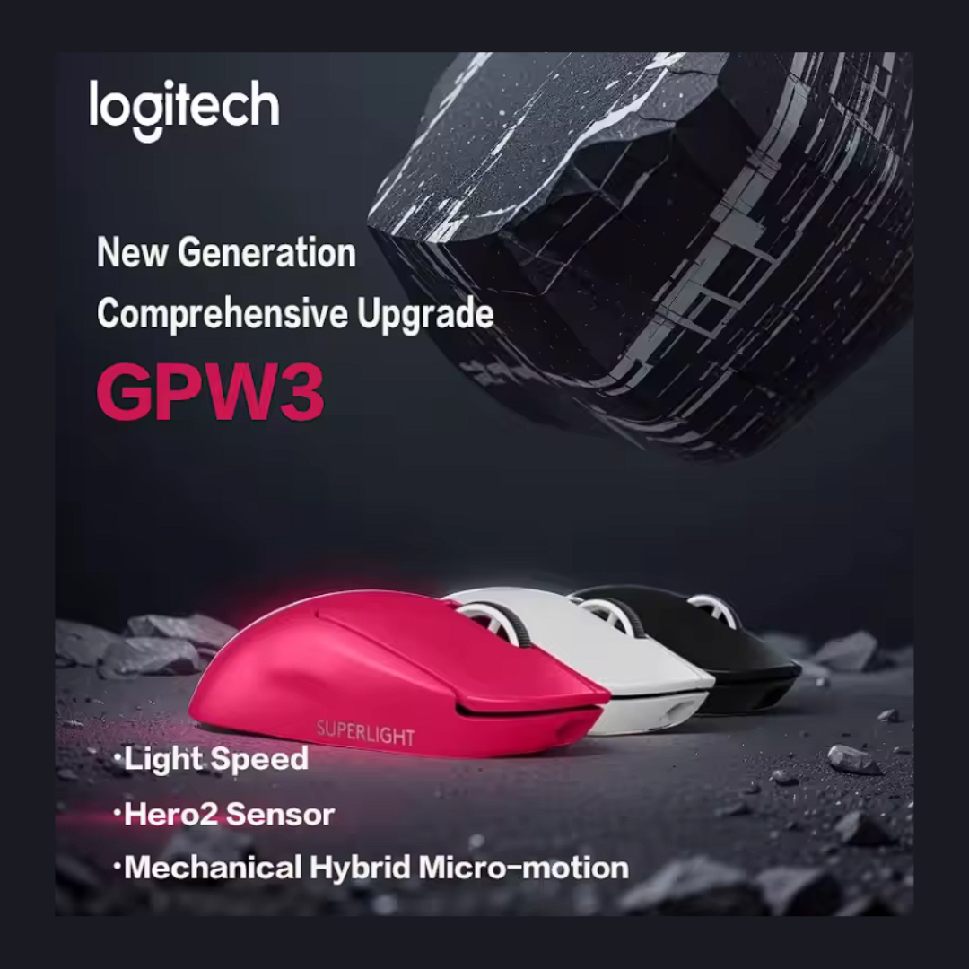 Logitech G Pro X Superlight 2 wireless gaming mouse in pink and white colors with GPW3 upgrade highlights