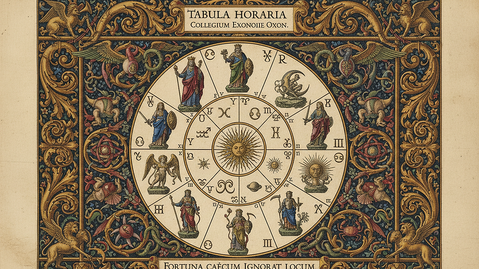 Close-up view of a printed horary chart with planetary positions and aspects