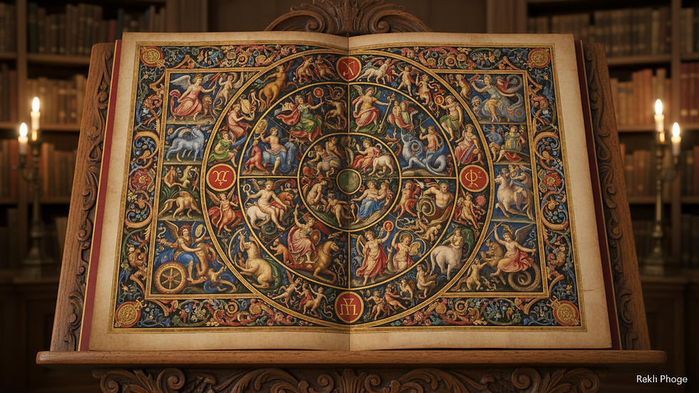 Eye-level view of an ancient astrological manuscript with planetary symbols