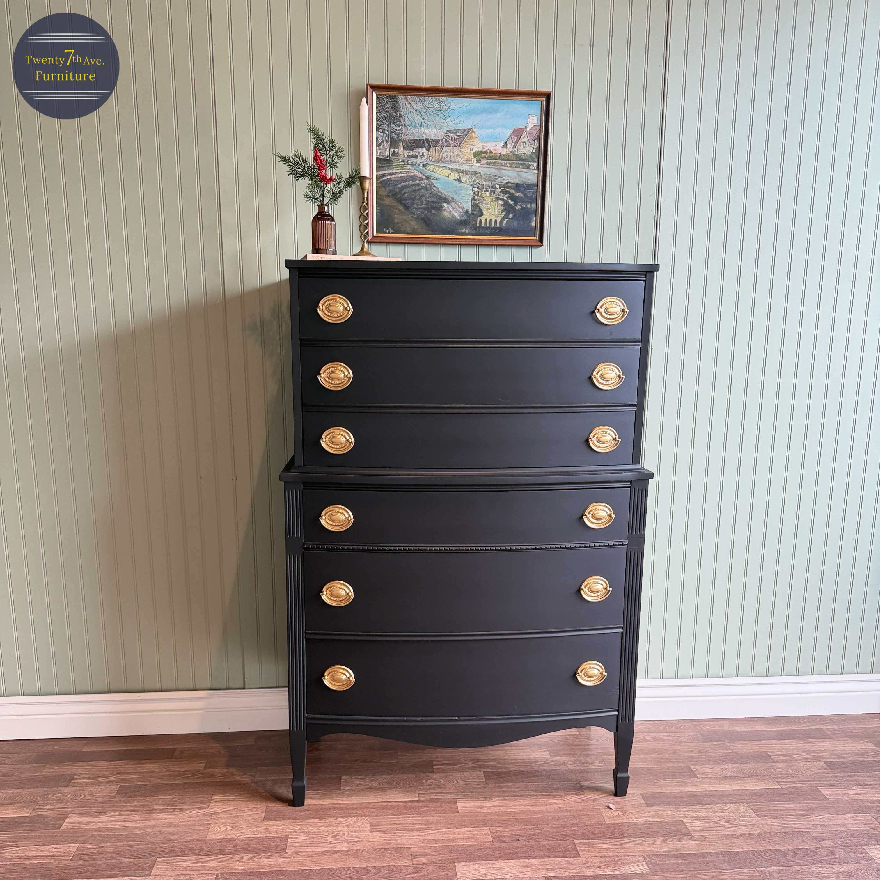 Black Vintage French Country Chest of Drawers | Gold Hardware 