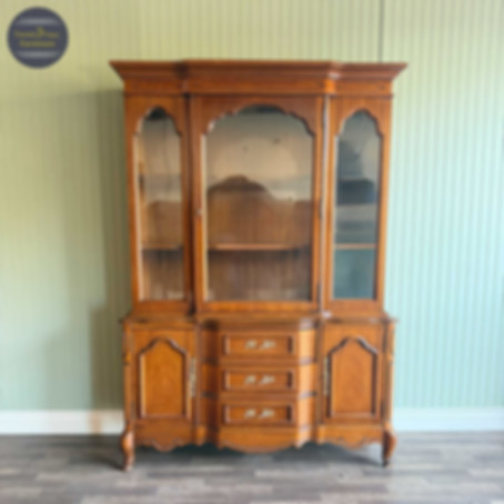 Mahogany Vintage French Provincial Hutch / China Cabinet | Gold Hardware | 3 Dra