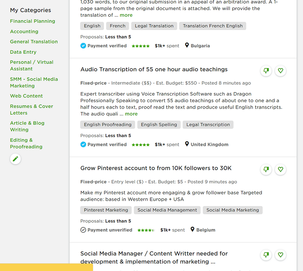 A screenshot of the Upwork website displaying the job postings.