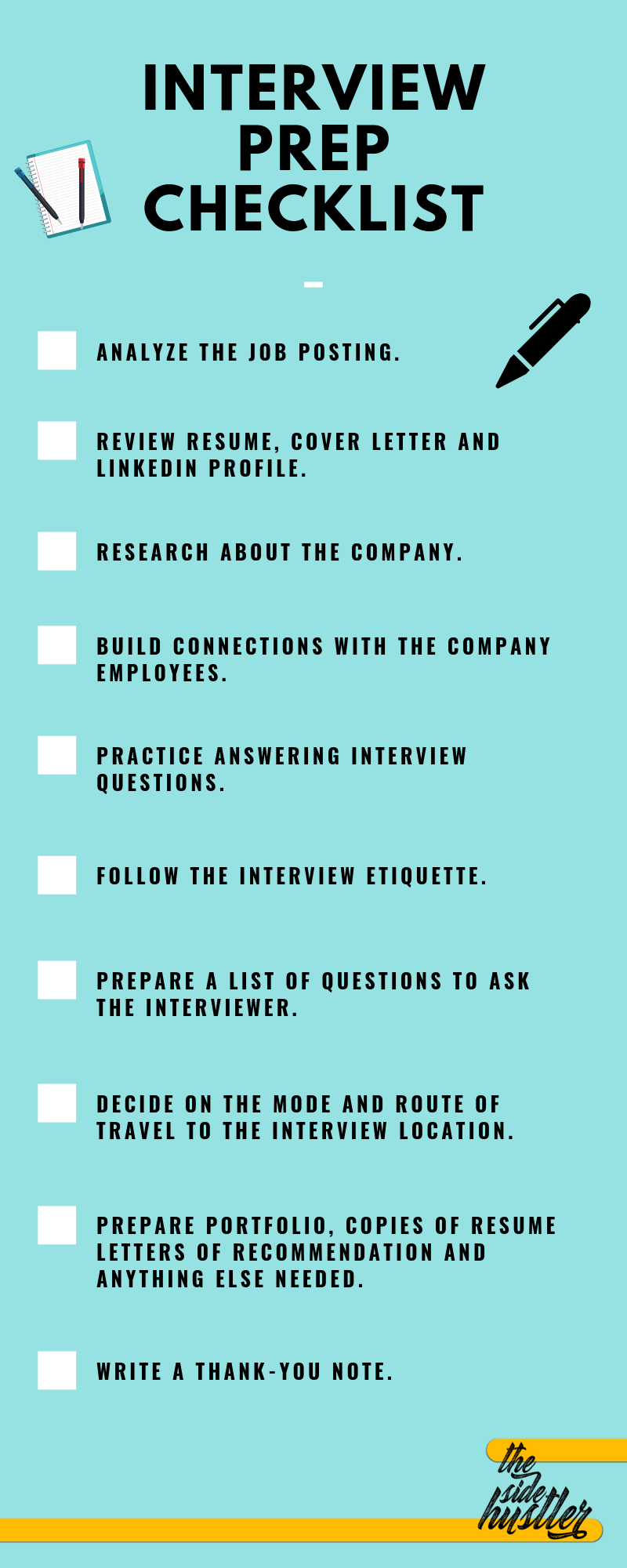 An infographic displaying the steps for interview preparation as a checklist.