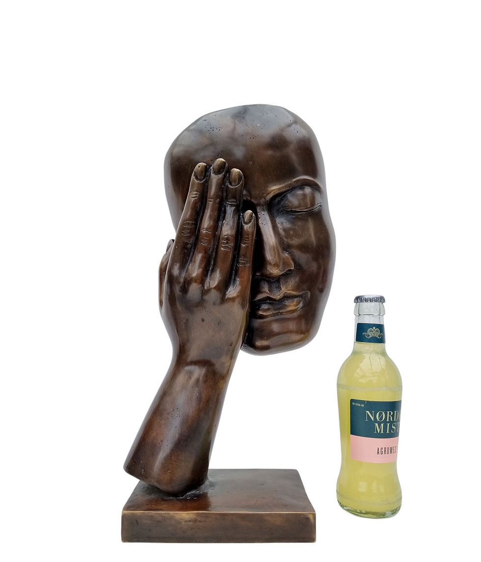 Bronze sculpture of an man covering his eyes - modern art style