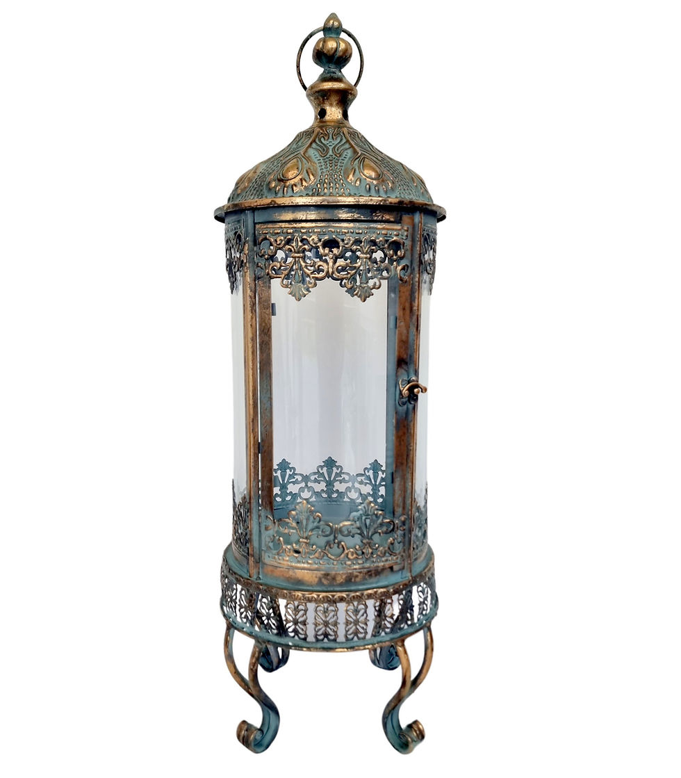 Detailed Gold colored metal and glass lantern