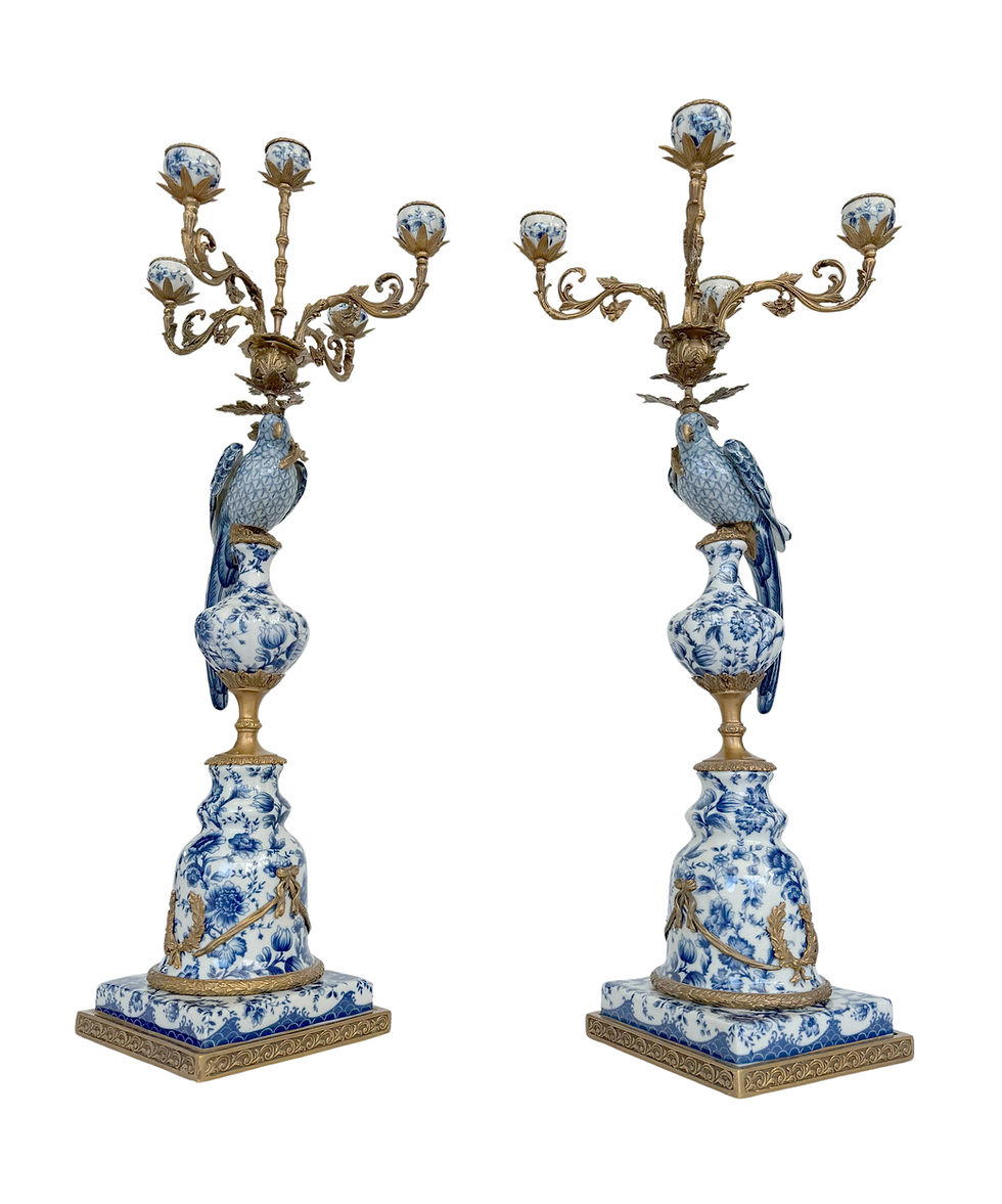 Set of two bronze with porcelain candlesticks - art nouveau style