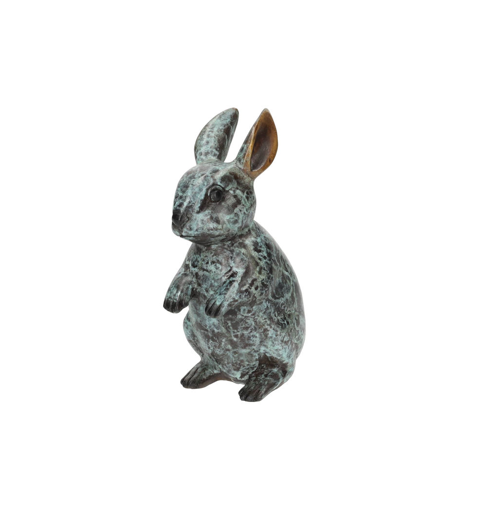 Sitting bronze statue of a rabbit with green patina - contemporary art
